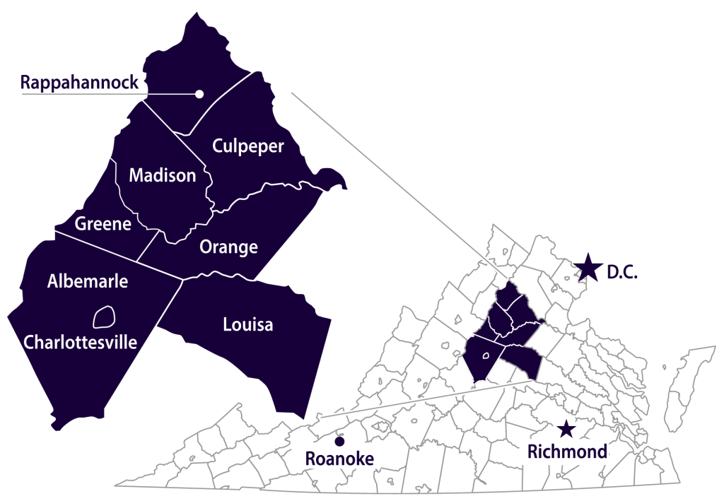 Map of areas we serve for Virginia real estate: Rappahannock County, Culpeper County, Madison County, Orange County, Greene County, Orange County, Louisa County, Albemarle County and Charlottesville City